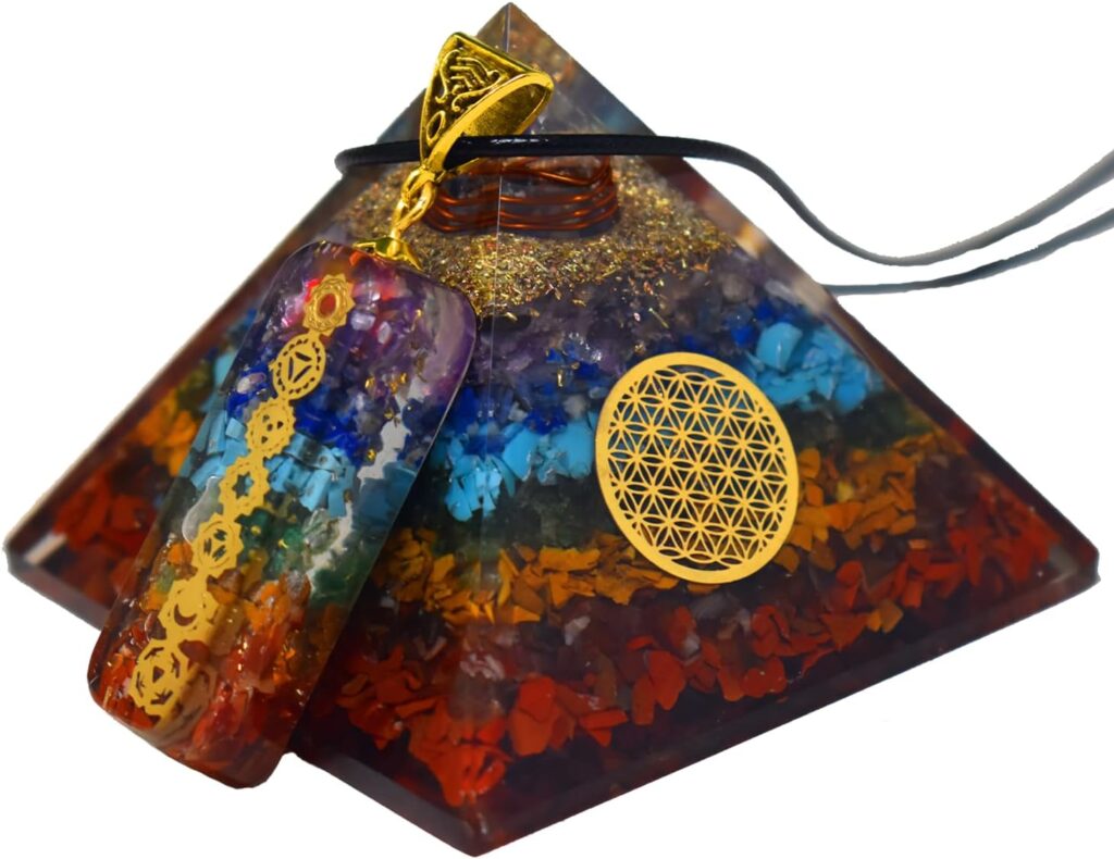 Orgone pyramid with an orgone pendant. All of them common orgonites.