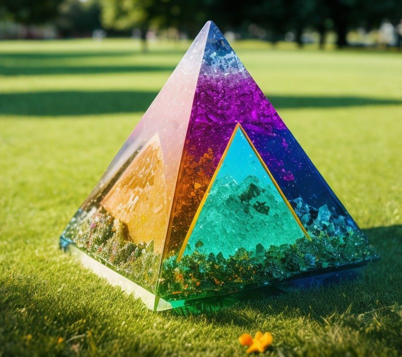 Orgonite pyramid on the grass