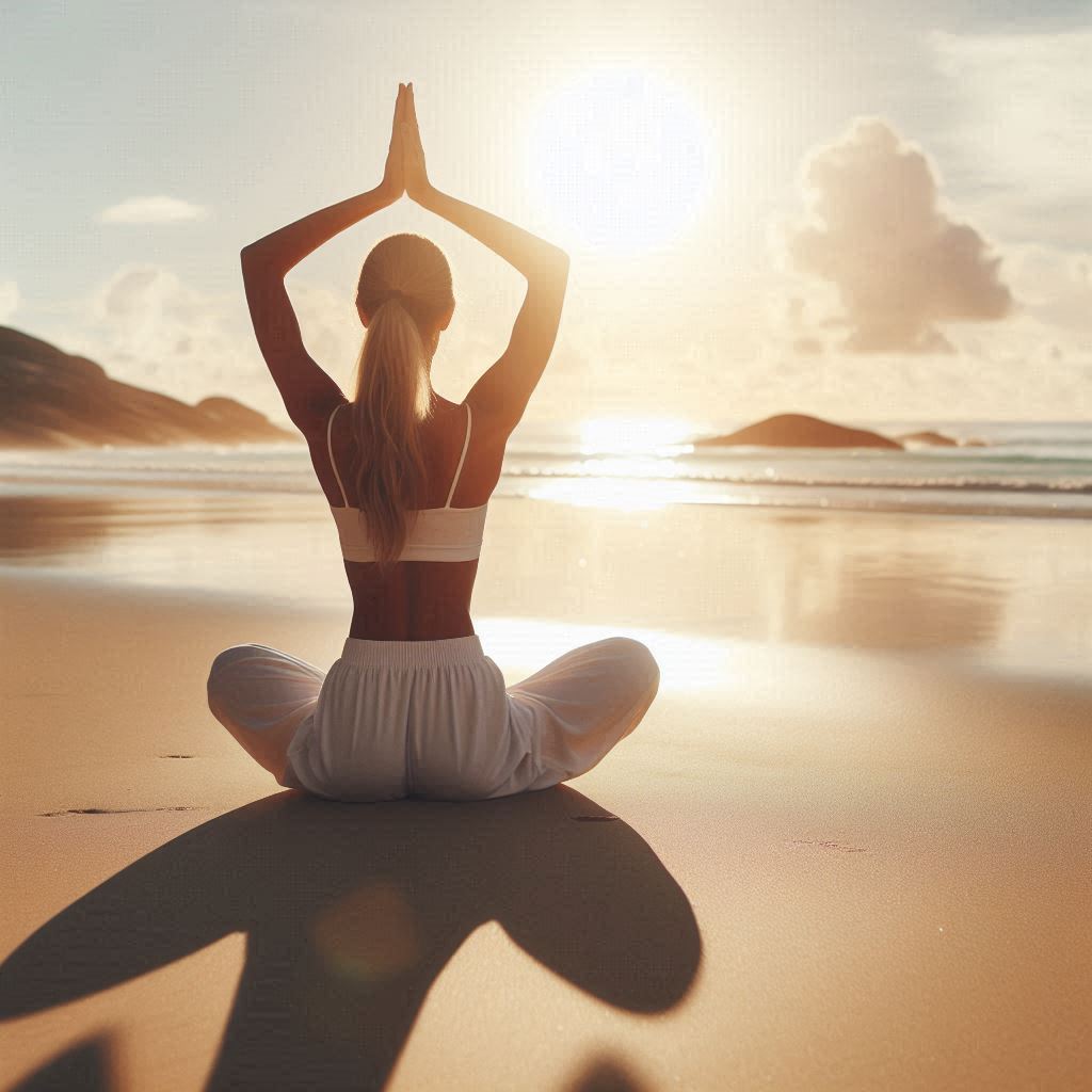 Woman doing yoga in the beach