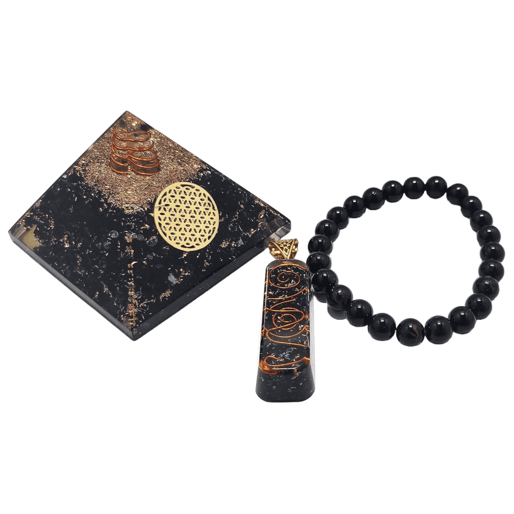 Set of orgonites: orgone pyramid, orgone pendant, and orgone bracelet