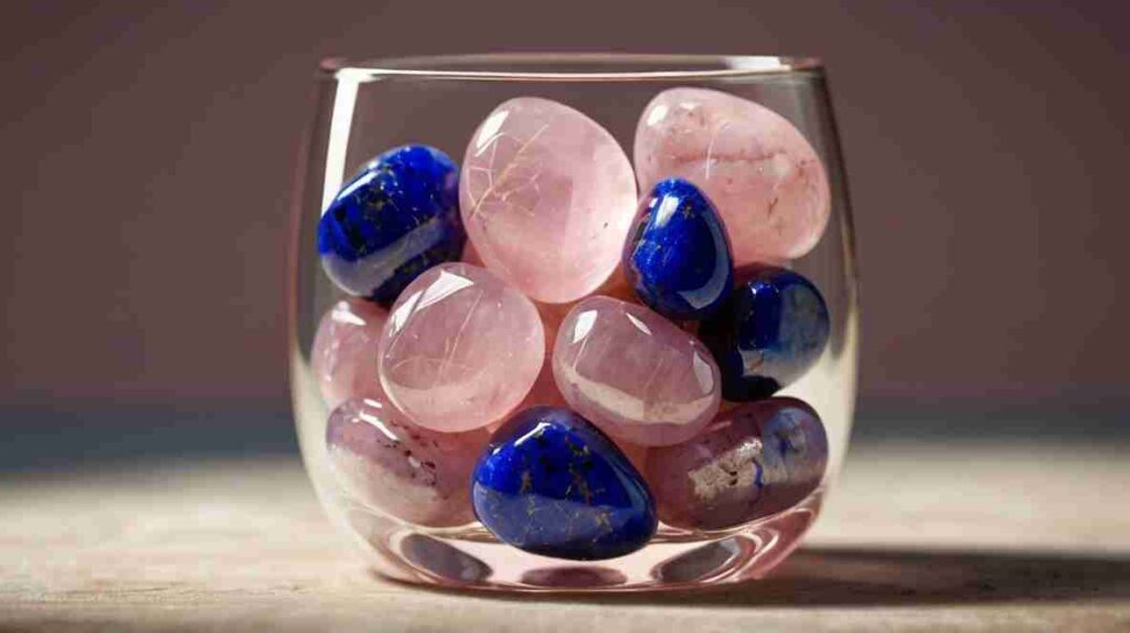 A glass full of rose quartz and lapis lazuli stones