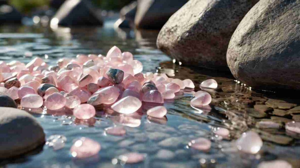 Rose quartz on a riverbed