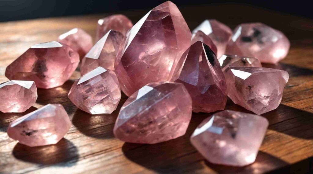 Rose quartz crystals on a table