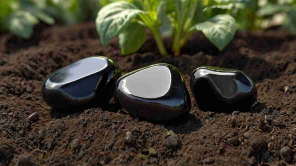 Pieces of tumbled shungite placed on a vegetable patch