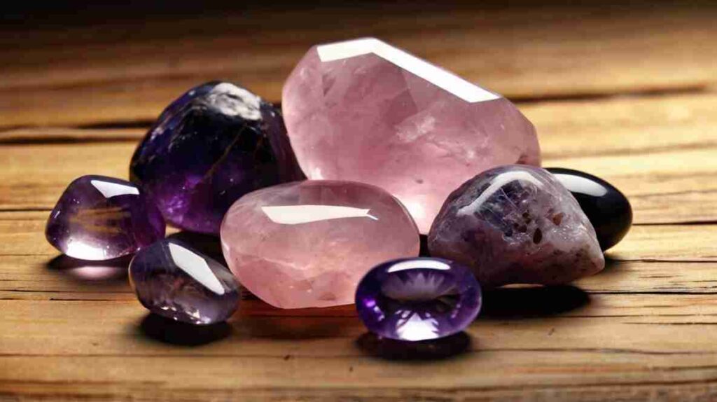 Rose quartz and amethyst tumbled stones