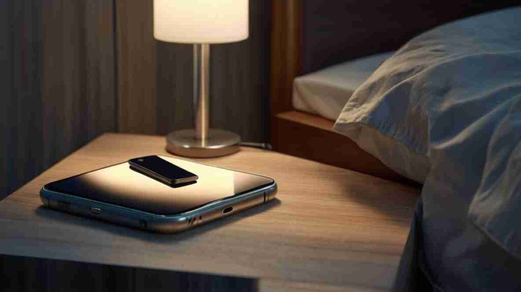 Turned off mobile on a bedside table to avoid EMF exposure