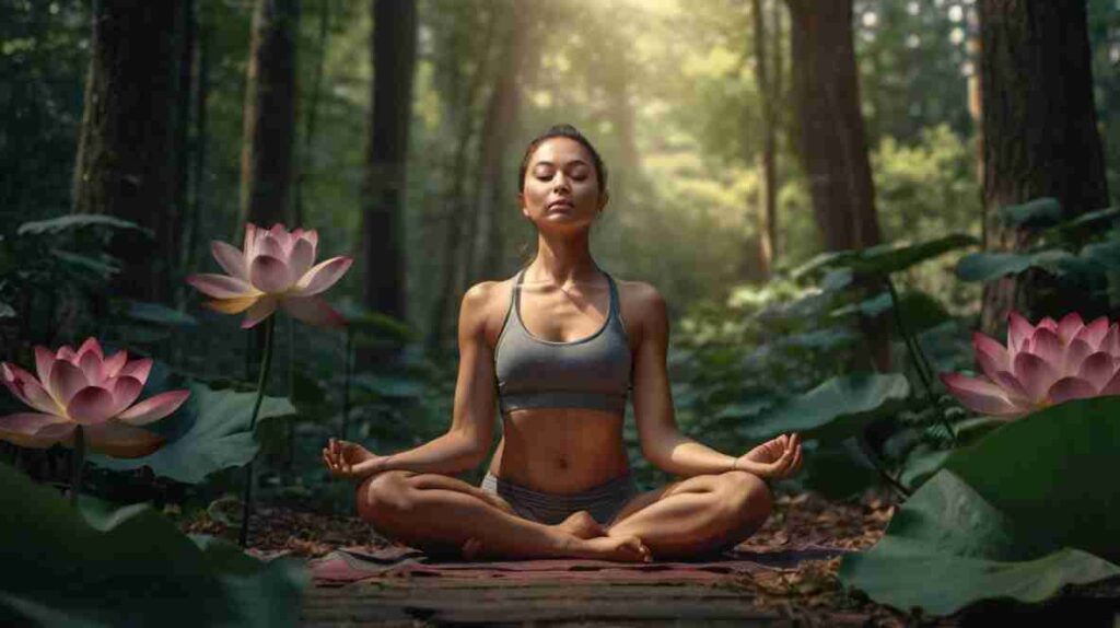 Woman meditating in a forest