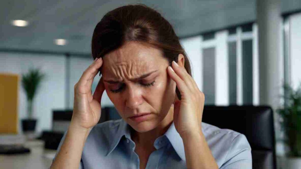 Woman in the office having strong headaches caused by EMF radiation exposure